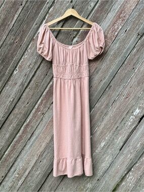 Sim & Sam Blush Pink Linen Blend Cottagecore Puff Sleeve Midi Dress M
